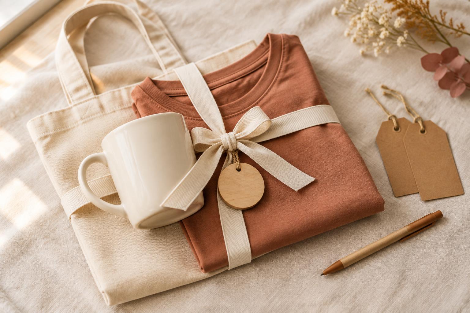 A folded handmade t-shirt tied with ribbon and a wooden tag, beside a mug and a canvas tote bag, waiting to be personalized