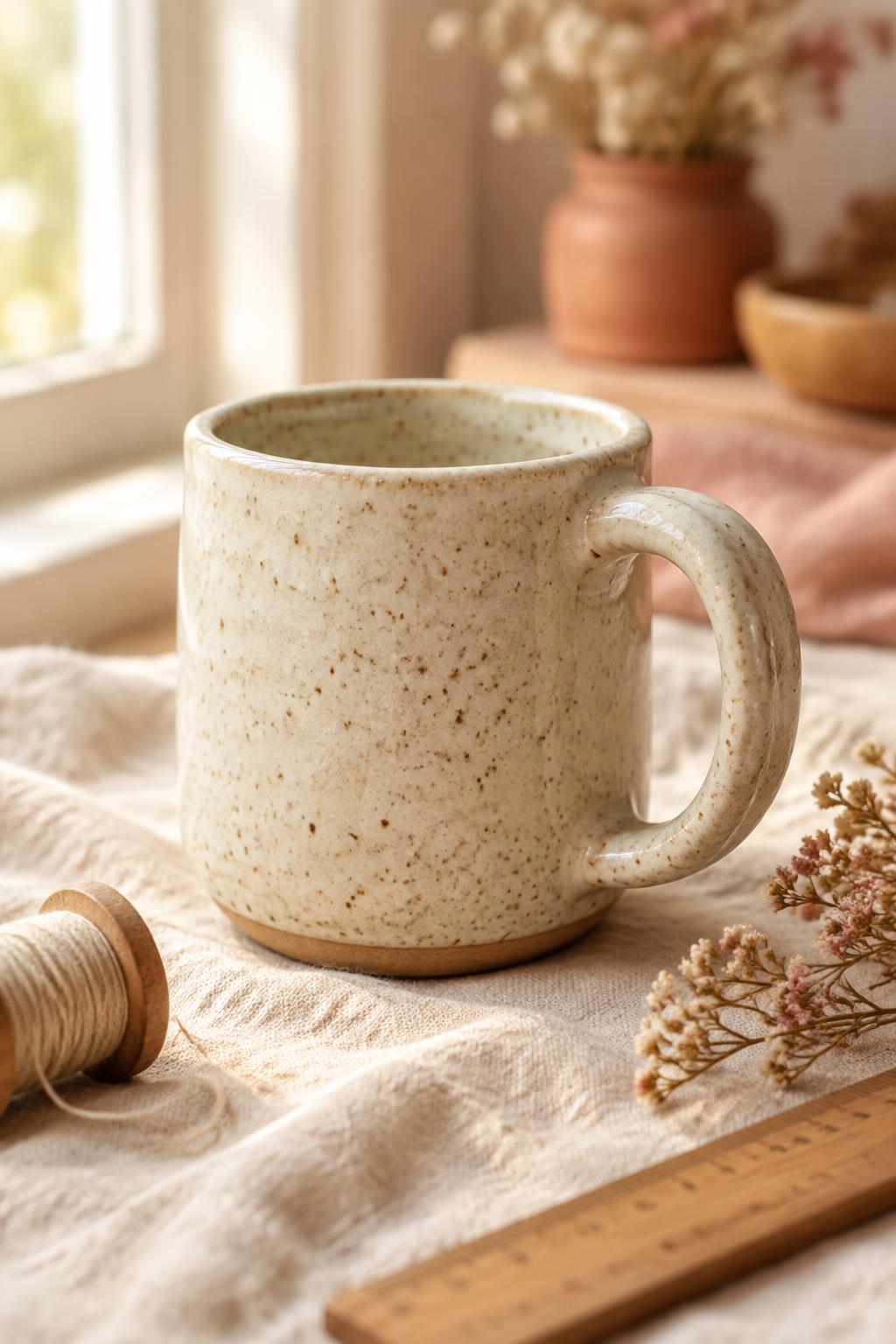 A handmade stoneware coffee mug in speckled cream clay